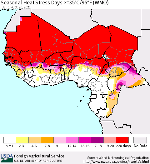 Western Africa Seasonal Heat Stress Days >=35°C/95°F (WMO) Thematic Map For 7/1/2021 - 10/20/2021