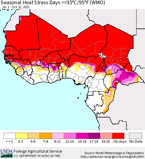 Western Africa Seasonal Heat Stress Days >=35°C/95°F (WMO) Thematic Map For 7/1/2021 - 10/31/2021