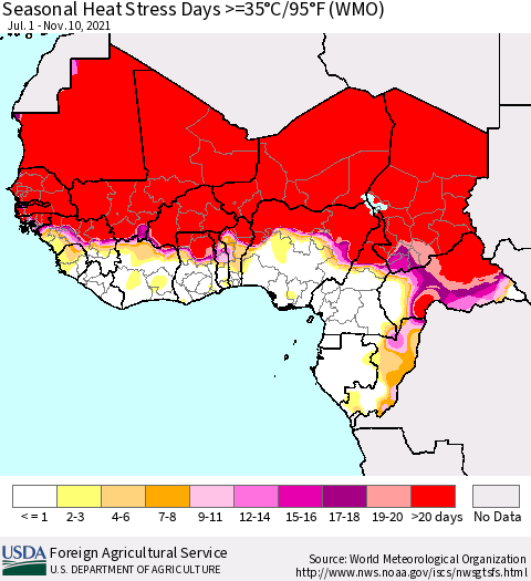 Western Africa Seasonal Heat Stress Days >=35°C/95°F (WMO) Thematic Map For 7/1/2021 - 11/10/2021