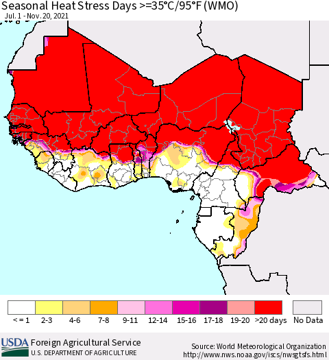 Western Africa Seasonal Heat Stress Days >=35°C/95°F (WMO) Thematic Map For 7/1/2021 - 11/20/2021