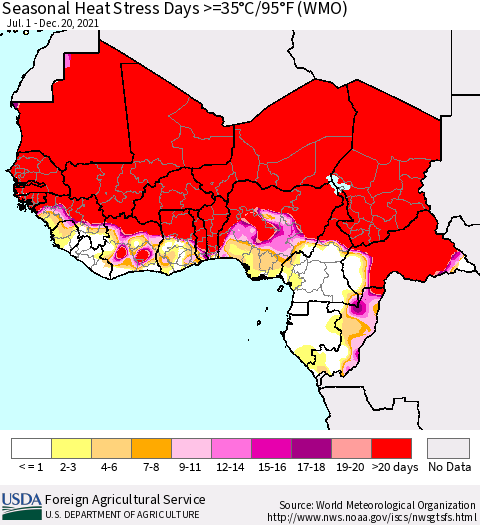 Western Africa Seasonal Heat Stress Days >=35°C/95°F (WMO) Thematic Map For 7/1/2021 - 12/20/2021