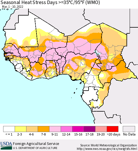Western Africa Seasonal Heat Stress Days >=35°C/95°F (WMO) Thematic Map For 3/1/2022 - 3/10/2022