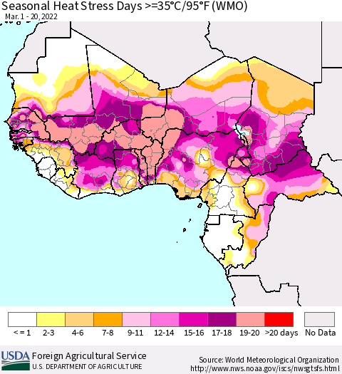 Western Africa Seasonal Heat Stress Days >=35°C/95°F (WMO) Thematic Map For 3/1/2022 - 3/20/2022