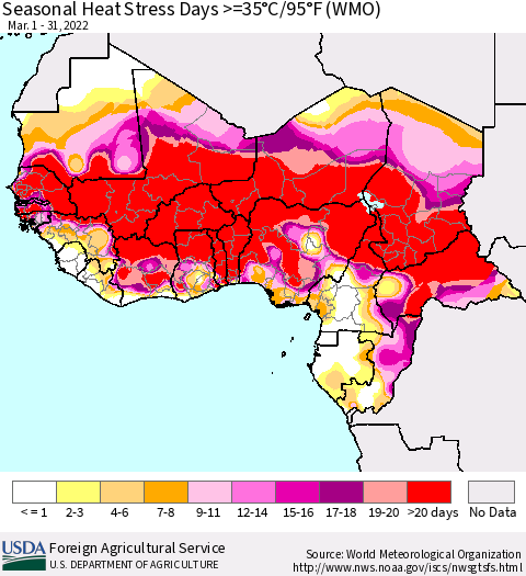 Western Africa Seasonal Heat Stress Days >=35°C/95°F (WMO) Thematic Map For 3/1/2022 - 3/31/2022