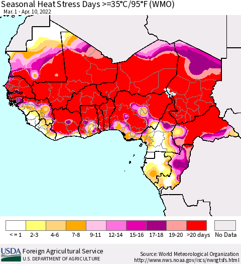 Western Africa Seasonal Heat Stress Days >=35°C/95°F (WMO) Thematic Map For 3/1/2022 - 4/10/2022