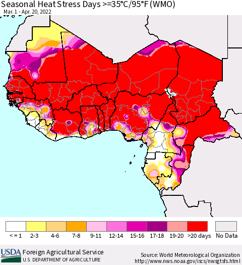 Western Africa Seasonal Heat Stress Days >=35°C/95°F (WMO) Thematic Map For 3/1/2022 - 4/20/2022