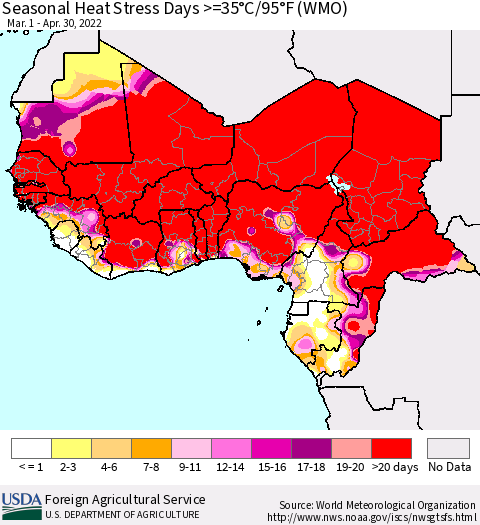 Western Africa Seasonal Heat Stress Days >=35°C/95°F (WMO) Thematic Map For 3/1/2022 - 4/30/2022