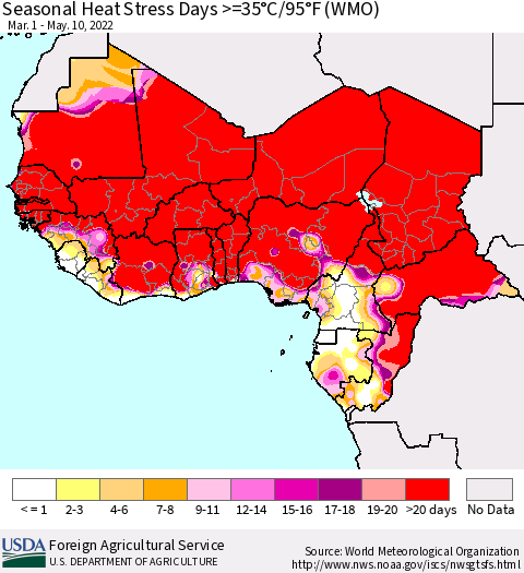 Western Africa Seasonal Heat Stress Days >=35°C/95°F (WMO) Thematic Map For 3/1/2022 - 5/10/2022
