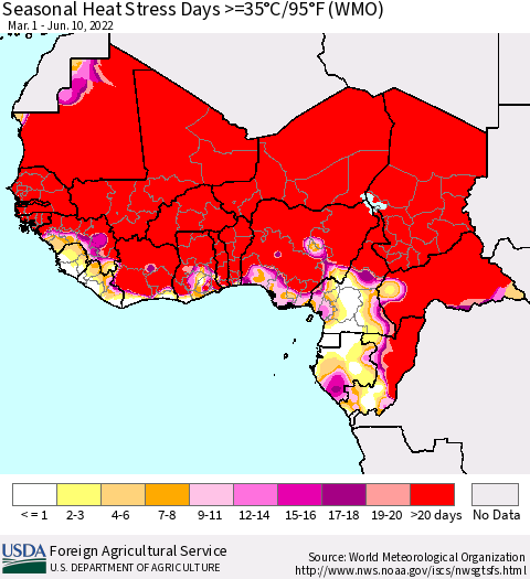 Western Africa Seasonal Heat Stress Days >=35°C/95°F (WMO) Thematic Map For 3/1/2022 - 6/10/2022
