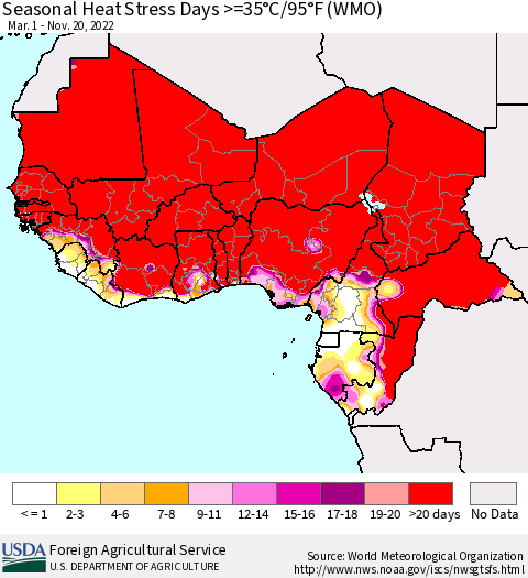 Western Africa Seasonal Heat Stress Days >=35°C/95°F (WMO) Thematic Map For 3/1/2022 - 11/20/2022