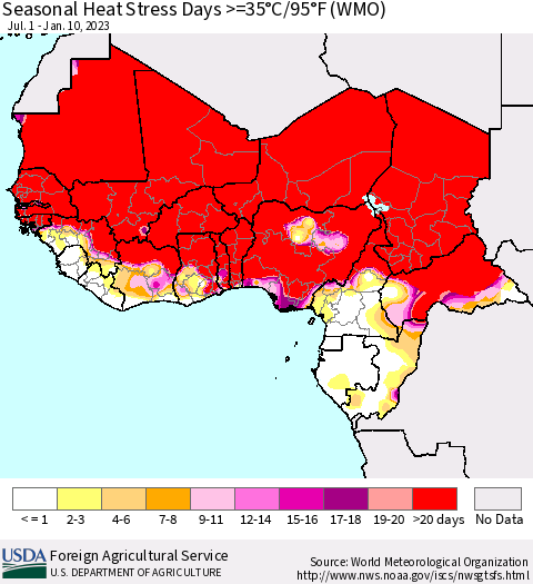 Western Africa Seasonal Heat Stress Days >=35°C/95°F (WMO) Thematic Map For 7/1/2022 - 1/10/2023