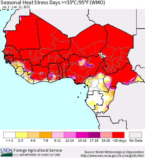 Western Africa Seasonal Heat Stress Days >=35°C/95°F (WMO) Thematic Map For 7/1/2022 - 1/31/2023
