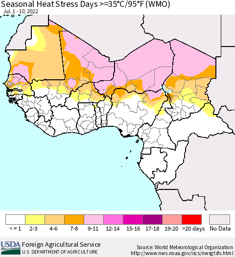 Western Africa Seasonal Heat Stress Days >=35°C/95°F (WMO) Thematic Map For 7/1/2022 - 7/10/2022