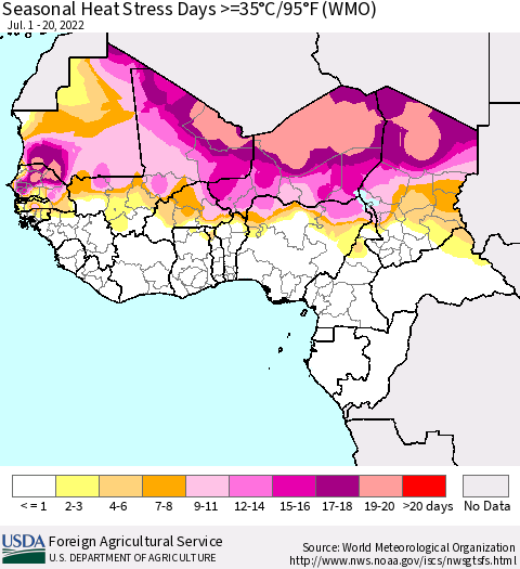 Western Africa Seasonal Heat Stress Days >=35°C/95°F (WMO) Thematic Map For 7/1/2022 - 7/20/2022