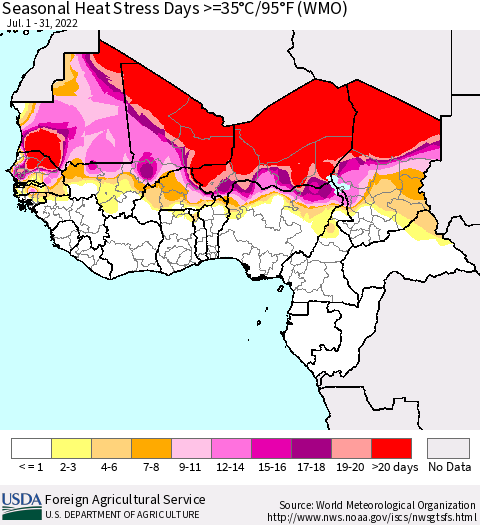 Western Africa Seasonal Heat Stress Days >=35°C/95°F (WMO) Thematic Map For 7/1/2022 - 7/31/2022