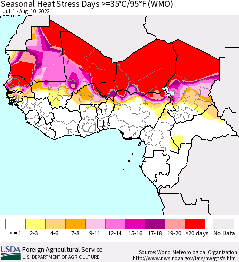 Western Africa Seasonal Heat Stress Days >=35°C/95°F (WMO) Thematic Map For 7/1/2022 - 8/10/2022