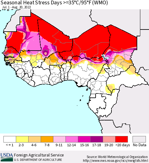 Western Africa Seasonal Heat Stress Days >=35°C/95°F (WMO) Thematic Map For 7/1/2022 - 8/20/2022