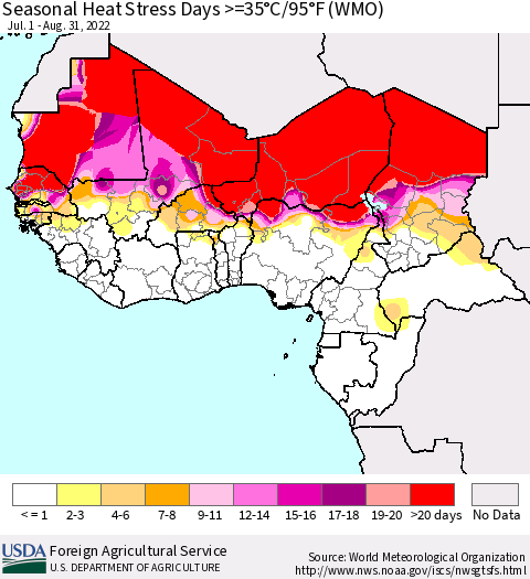 Western Africa Seasonal Heat Stress Days >=35°C/95°F (WMO) Thematic Map For 7/1/2022 - 8/31/2022