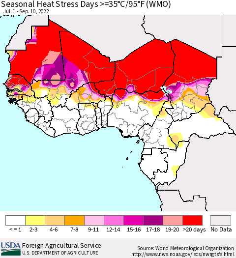 Western Africa Seasonal Heat Stress Days >=35°C/95°F (WMO) Thematic Map For 7/1/2022 - 9/10/2022