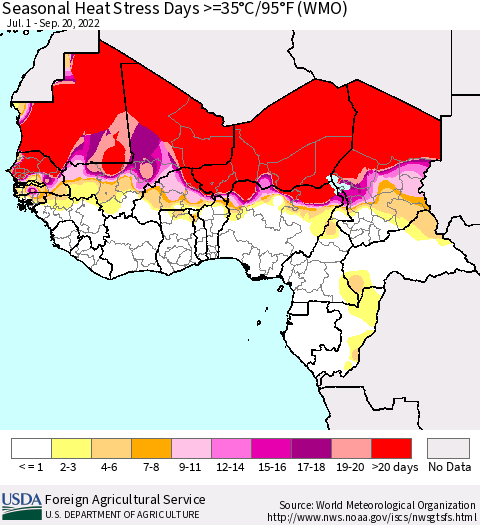 Western Africa Seasonal Heat Stress Days >=35°C/95°F (WMO) Thematic Map For 7/1/2022 - 9/20/2022