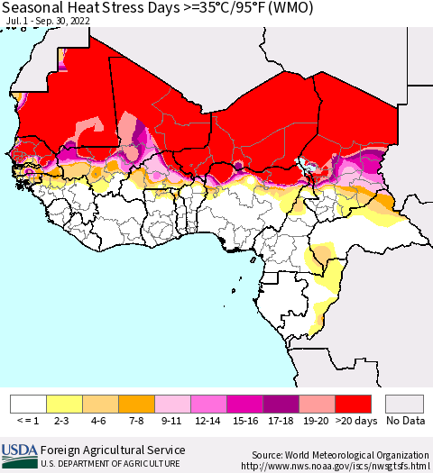 Western Africa Seasonal Heat Stress Days >=35°C/95°F (WMO) Thematic Map For 7/1/2022 - 9/30/2022