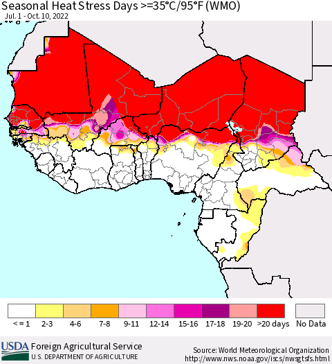 Western Africa Seasonal Heat Stress Days >=35°C/95°F (WMO) Thematic Map For 7/1/2022 - 10/10/2022