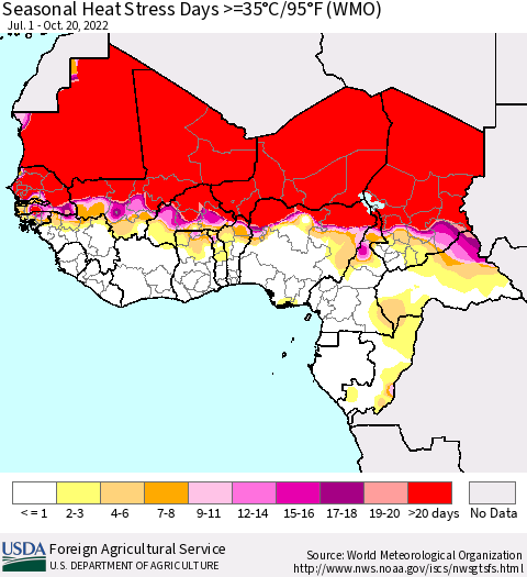 Western Africa Seasonal Heat Stress Days >=35°C/95°F (WMO) Thematic Map For 7/1/2022 - 10/20/2022