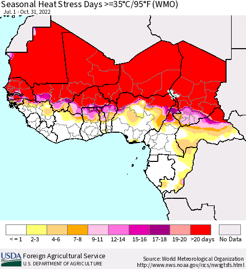 Western Africa Seasonal Heat Stress Days >=35°C/95°F (WMO) Thematic Map For 7/1/2022 - 10/31/2022