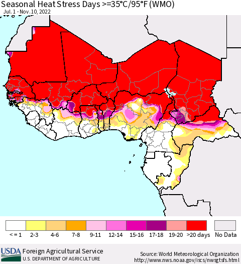 Western Africa Seasonal Heat Stress Days >=35°C/95°F (WMO) Thematic Map For 7/1/2022 - 11/10/2022