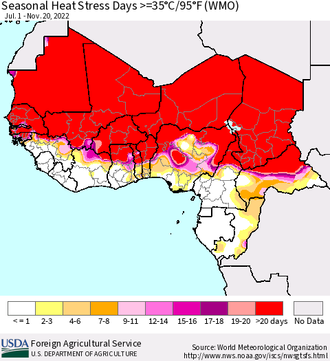 Western Africa Seasonal Heat Stress Days >=35°C/95°F (WMO) Thematic Map For 7/1/2022 - 11/20/2022