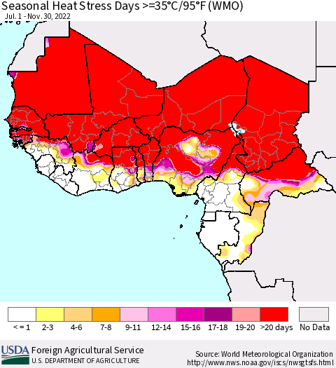 Western Africa Seasonal Heat Stress Days >=35°C/95°F (WMO) Thematic Map For 7/1/2022 - 11/30/2022