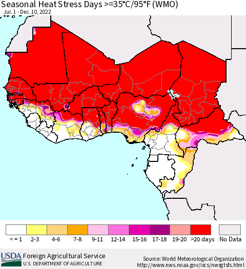 Western Africa Seasonal Heat Stress Days >=35°C/95°F (WMO) Thematic Map For 7/1/2022 - 12/10/2022