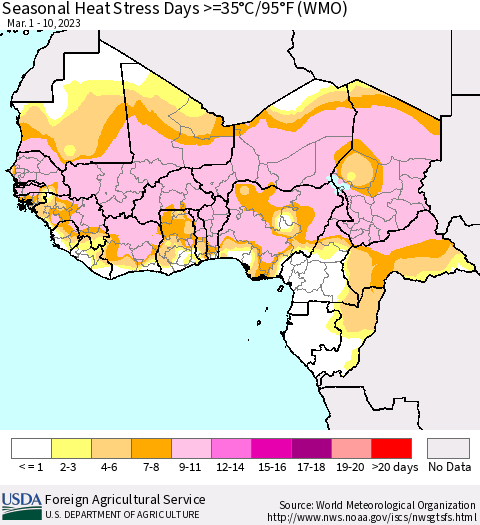 Western Africa Seasonal Heat Stress Days >=35°C/95°F (WMO) Thematic Map For 3/1/2023 - 3/10/2023