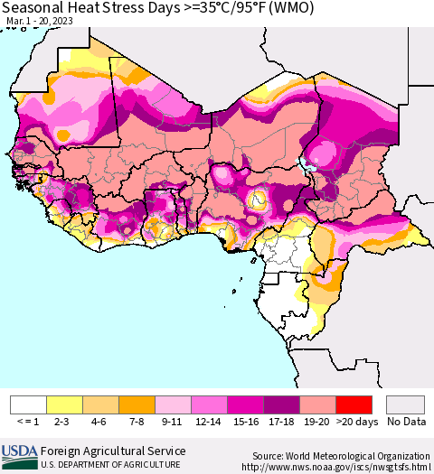 Western Africa Seasonal Heat Stress Days >=35°C/95°F (WMO) Thematic Map For 3/1/2023 - 3/20/2023
