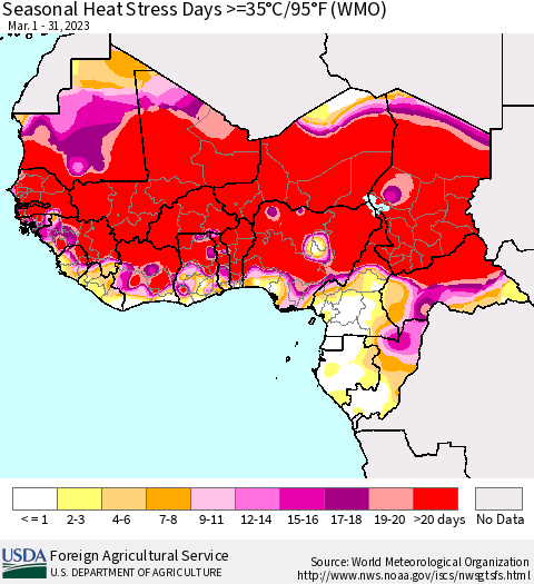 Western Africa Seasonal Heat Stress Days >=35°C/95°F (WMO) Thematic Map For 3/1/2023 - 3/31/2023