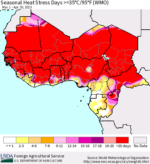 Western Africa Seasonal Heat Stress Days >=35°C/95°F (WMO) Thematic Map For 3/1/2023 - 4/20/2023