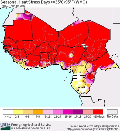 Western Africa Seasonal Heat Stress Days >=35°C/95°F (WMO) Thematic Map For 3/1/2023 - 4/30/2023