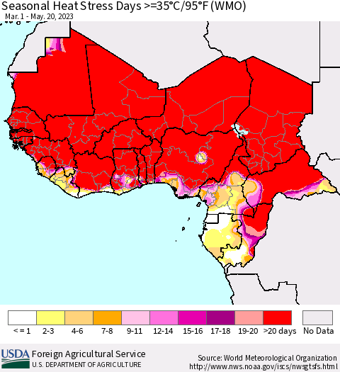 Western Africa Seasonal Heat Stress Days >=35°C/95°F (WMO) Thematic Map For 3/1/2023 - 5/20/2023