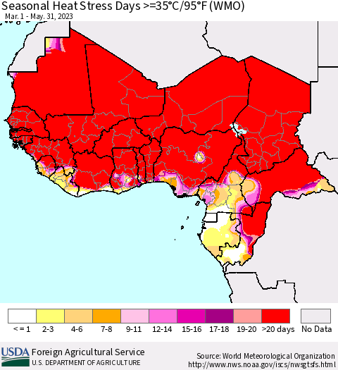Western Africa Seasonal Heat Stress Days >=35°C/95°F (WMO) Thematic Map For 3/1/2023 - 5/31/2023