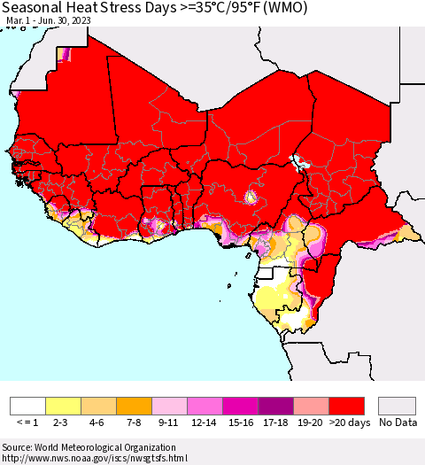 Western Africa Seasonal Heat Stress Days >=35°C/95°F (WMO) Thematic Map For 3/1/2023 - 6/30/2023