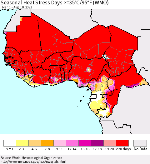 Western Africa Seasonal Heat Stress Days >=35°C/95°F (WMO) Thematic Map For 3/1/2023 - 8/10/2023