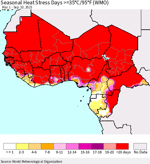 Western Africa Seasonal Heat Stress Days >=35°C/95°F (WMO) Thematic Map For 3/1/2023 - 9/10/2023