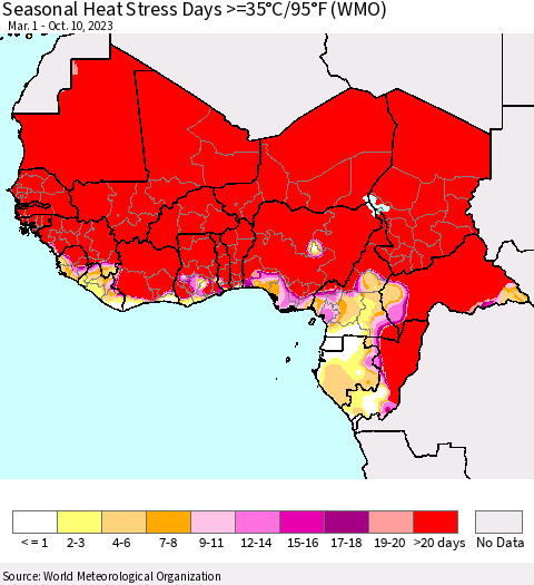 Western Africa Seasonal Heat Stress Days >=35°C/95°F (WMO) Thematic Map For 3/1/2023 - 10/10/2023