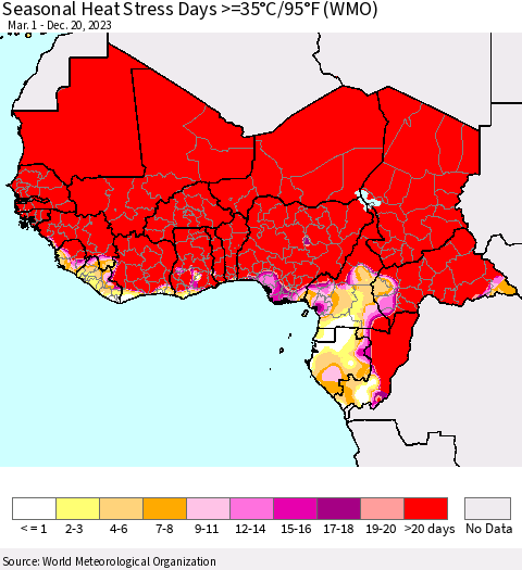 Western Africa Seasonal Heat Stress Days >=35°C/95°F (WMO) Thematic Map For 3/1/2023 - 12/20/2023