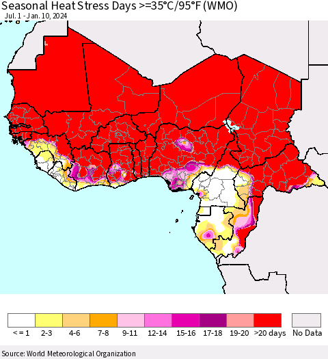 Western Africa Seasonal Heat Stress Days >=35°C/95°F (WMO) Thematic Map For 7/1/2023 - 1/10/2024