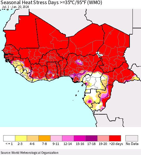 Western Africa Seasonal Heat Stress Days >=35°C/95°F (WMO) Thematic Map For 7/1/2023 - 1/20/2024
