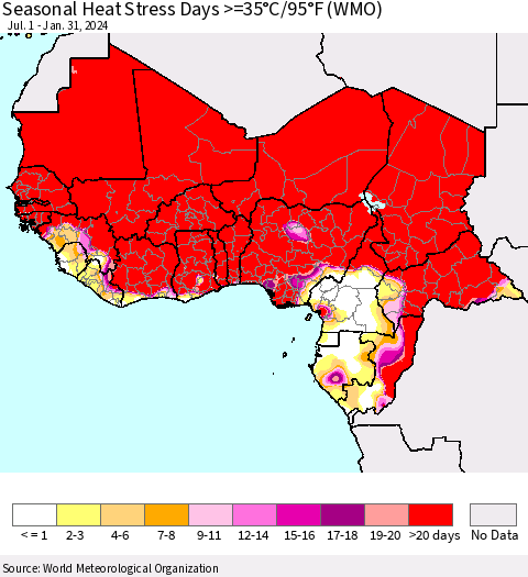 Western Africa Seasonal Heat Stress Days >=35°C/95°F (WMO) Thematic Map For 7/1/2023 - 1/31/2024