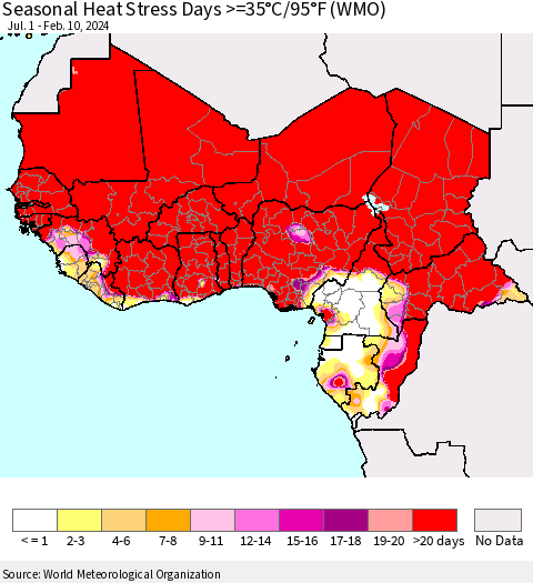 Western Africa Seasonal Heat Stress Days >=35°C/95°F (WMO) Thematic Map For 7/1/2023 - 2/10/2024
