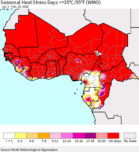 Western Africa Seasonal Heat Stress Days >=35°C/95°F (WMO) Thematic Map For 7/1/2023 - 2/20/2024
