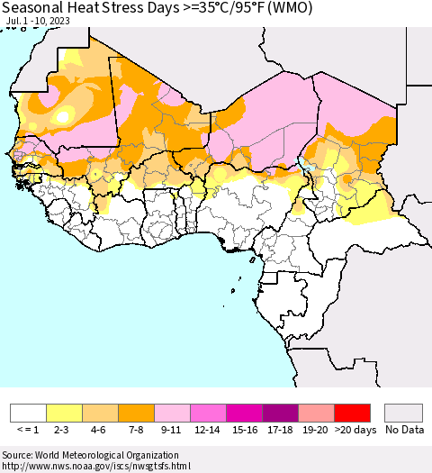 Western Africa Seasonal Heat Stress Days >=35°C/95°F (WMO) Thematic Map For 7/1/2023 - 7/10/2023